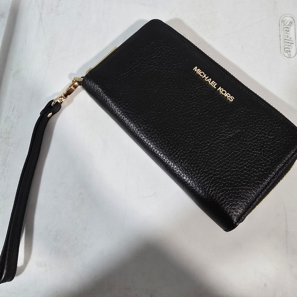 Michael Kors Black Pebbled Leather Wristlet with Gold Hardware